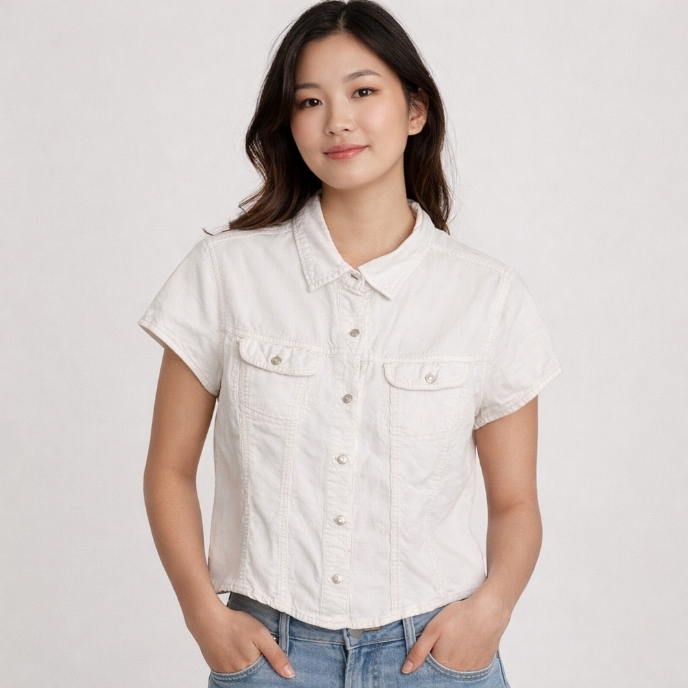 Dyna White Denim Button-Up Shirt | Short Sleeve Utility Top | Women’s